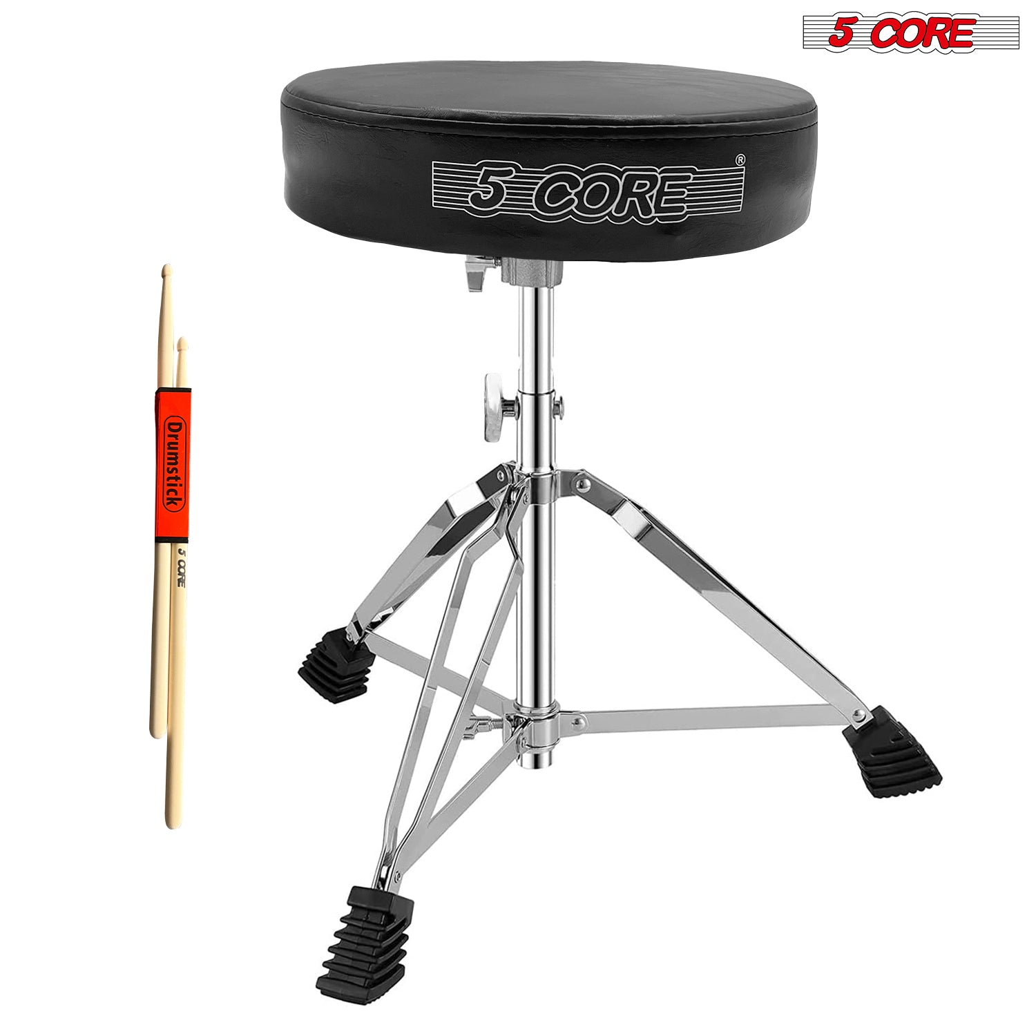 5Core Drum Throne featuring high-density memory foam and adjustable height for drummers, showcasing its sturdy design and comfort.